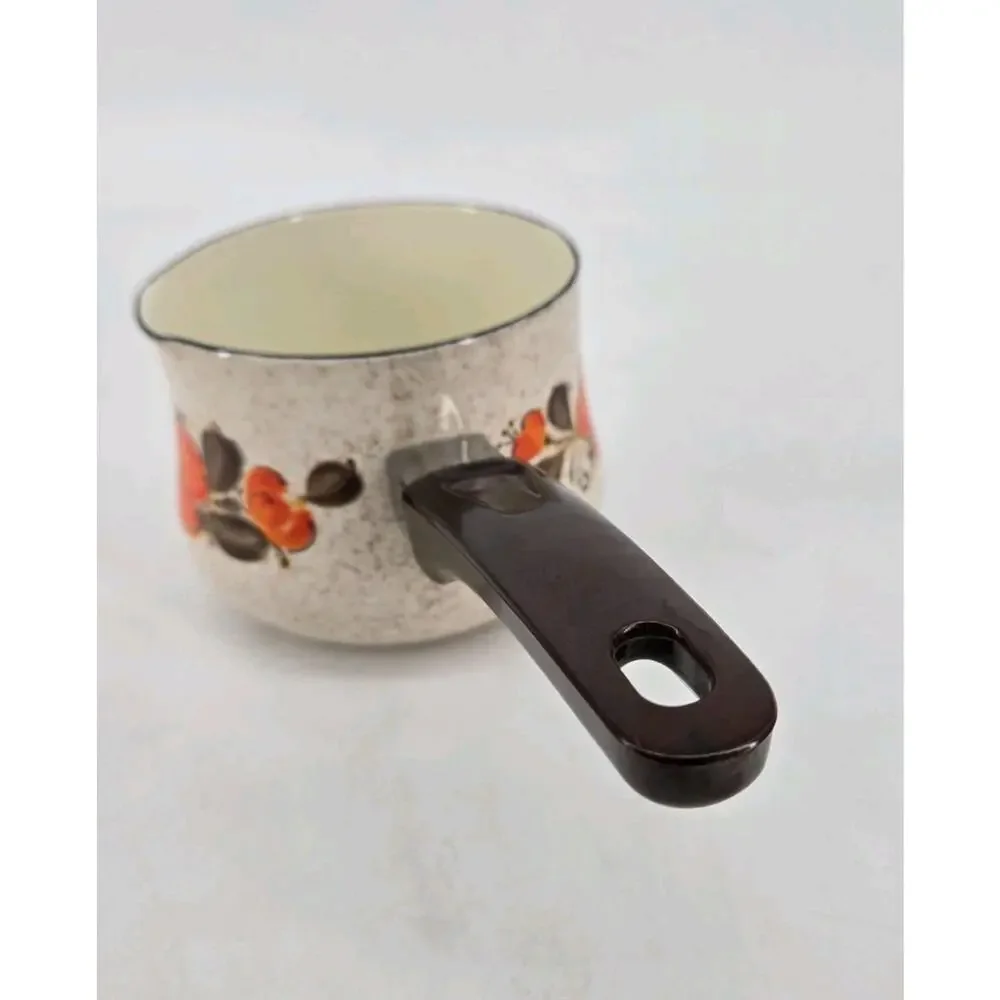 MCM Orange Flower Sanko Ware Pouring Sauce Pan Show Pans Enamel Cookware 1970s